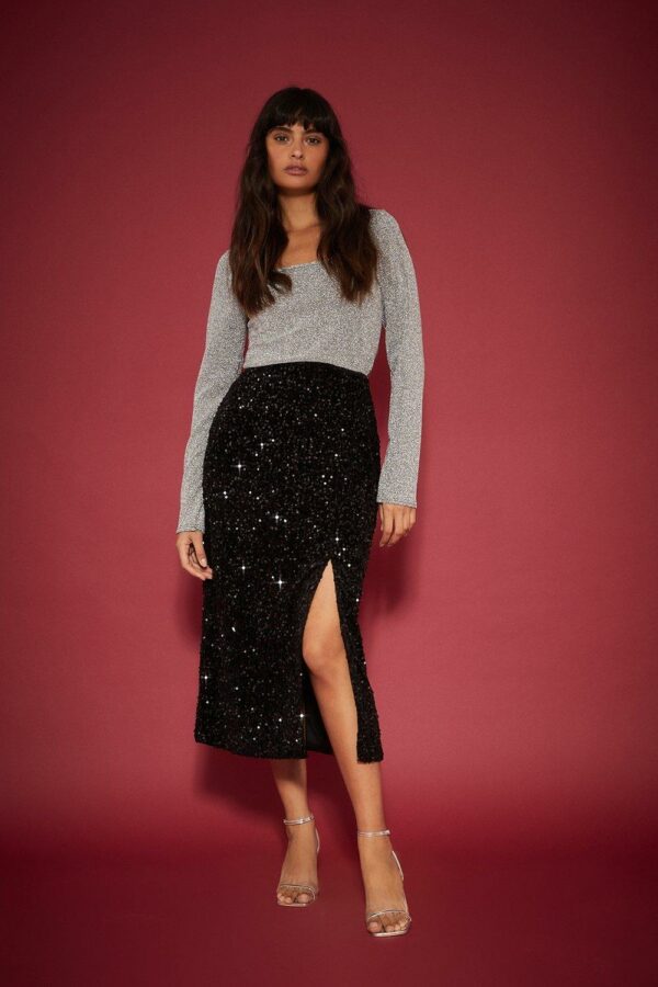 Womens Velvet Sequin Midi Skirt