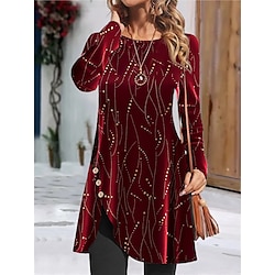 Women's Velvet Velvet Dress T Shirt Dress Tee Dress Print Button Split Crew Neck Mini Dress Party New Year Long Sleeve Fall Winter