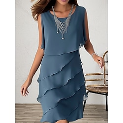 Women's Wedding Guest Cocktail Dress Elegant Chiffon Party Dress Midi Dress Blue Sleeveless Pure Color Ruffle Summer Spring Fall Crew Neck Fashion Summer Dress