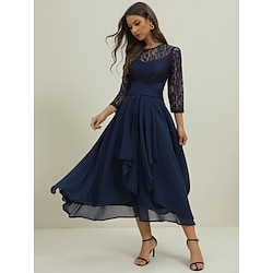 Women's Wedding Guest Cocktail Dress Elegant Lace Patchwork Prom Chiffon Midi Dress Crew Neck 3/4 Length Sleeve Navy Blue Spring Fall