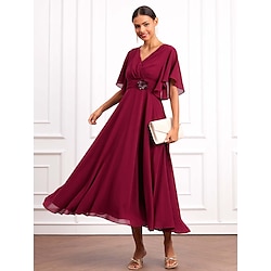 Women's Wedding Guest Cocktail Dress Wrap Dress Chiffon Ruffle V Neck Short Sleeve Maxi Dress Party Elegant Formal Wine Summer