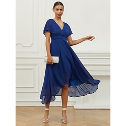 Women's Wedding Guest Cocktail Dress Wrap Dress Midi Dress Chiffon Ruffle Trim Party Elegant Formal V Neck Short Sleeve Flounce Sleeve Navy Blue Color