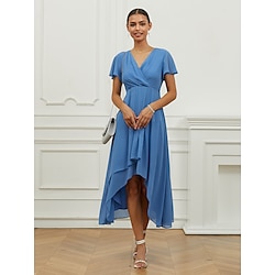 Women's Wedding Guest Cocktail Dress Wrap Midi Dress Chiffon Ruched Asymmetrical Hem Party Elegant Formal V Neck Short Sleeve Flounce Sleeve Blue Color