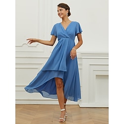 Women's Wedding Guest Cocktail Dress Wrap Midi Dress Chiffon Ruched Layered Party Elegant Formal V Neck Short Sleeve Flounce Sleeve Blue Color