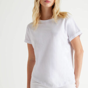 Womens White Cotton Roll Sleeve T-Shirt