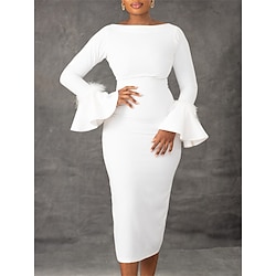 Women's White Dress Party Dress Feather Dress Crew Neck Long Sleeve Midi Dress Wedding Guest Birthday Black White Summer Spring