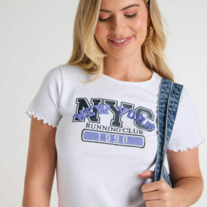 Womens White NYC Slogan Ribbed T-shirt