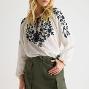 Womens White & Black Embroidered Blouse