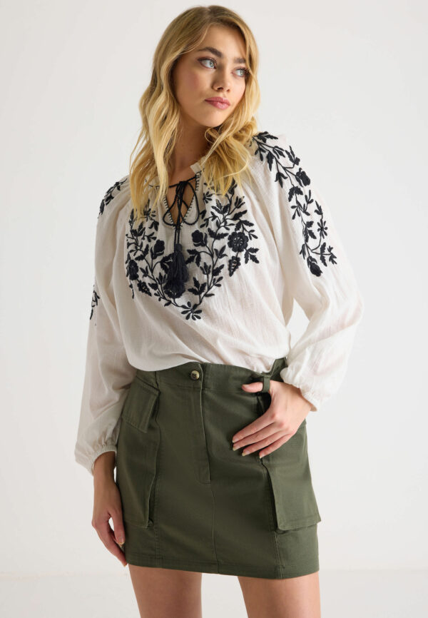 Womens White & Black Embroidered Blouse