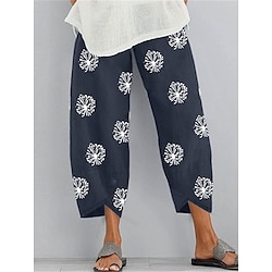 Women's Wide Leg Pants Trousers Cotton And Linen Pocket Print High Cut High Waist Ankle-Length Black Fall Winter