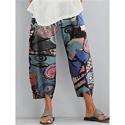 Women's Wide Leg Pants Trousers Cotton And Linen Pocket Print High Cut High Waist Ankle-Length Dark navy Fall Winter