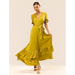 Women's Wrap Dress Maxi Dress Belted Layered Wedding Guest Cocktail Party Elegant V Neck Short Sleeve Ruffle Sleeve Yellow Color