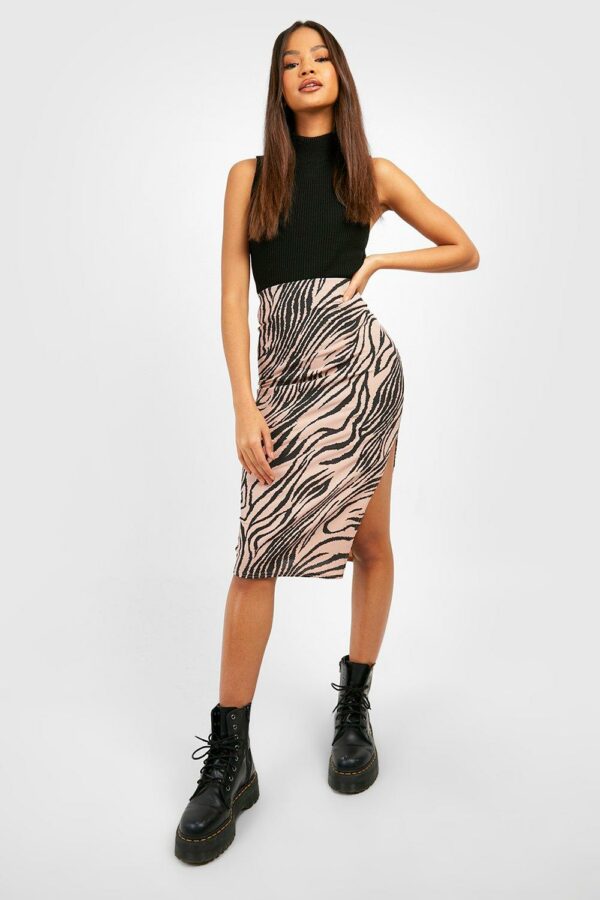 Womens Zebra Print Rib Side Split Midi Skirt - Beige - 14, Beige