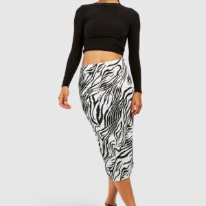 Womens Zebra Print Rib Side Split Midi Skirt - Black - 12, Black