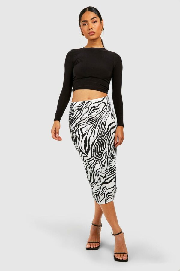 Womens Zebra Print Rib Side Split Midi Skirt - Black - 12, Black