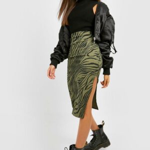 Womens Zebra Print Rib Side Split Midi Skirt - Green - 8, Green