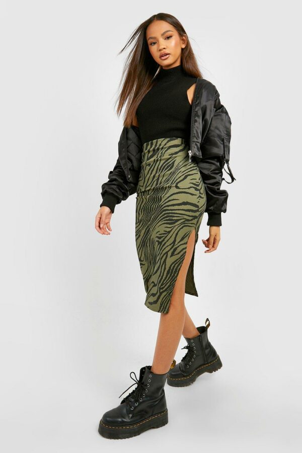 Womens Zebra Print Rib Side Split Midi Skirt - Green - 8, Green