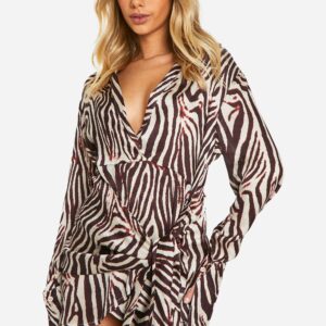 Womens Zebra Satin Wrap Skirt Shirt Dress - Brown - 10, Brown