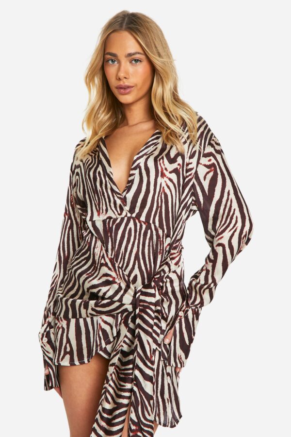 Womens Zebra Satin Wrap Skirt Shirt Dress - Brown - 10, Brown