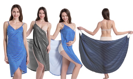 Women'sStriped Wrap Bikini Cover-Up Dress,Blue,M