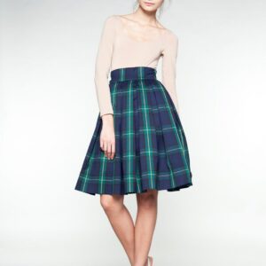 Wool Skirt, Plaid Full High Waist Blue Flare Circle 1950's Retro Vintage Style Skirt