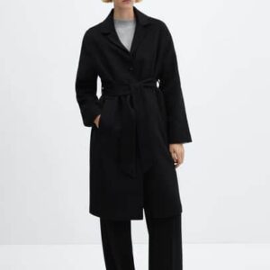 Wool coat with handmade belt black - Woman - L - MANGO