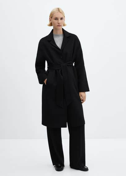 Wool coat with handmade belt black - Woman - L - MANGO