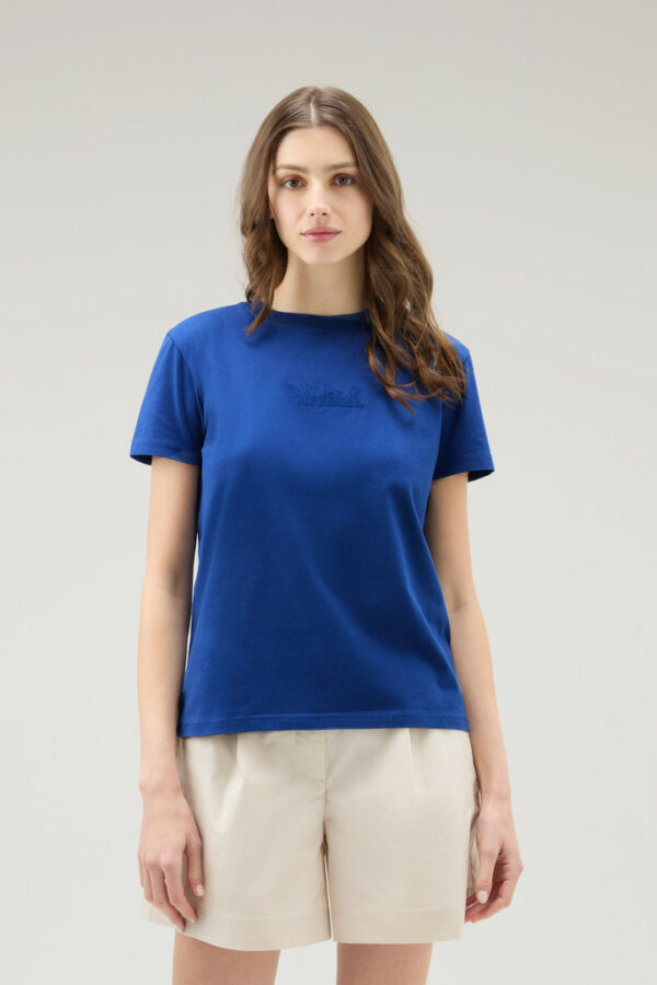 Woolrich Woman Pure Cotton T-Shirt with an Embroidered Logo Blue Size S