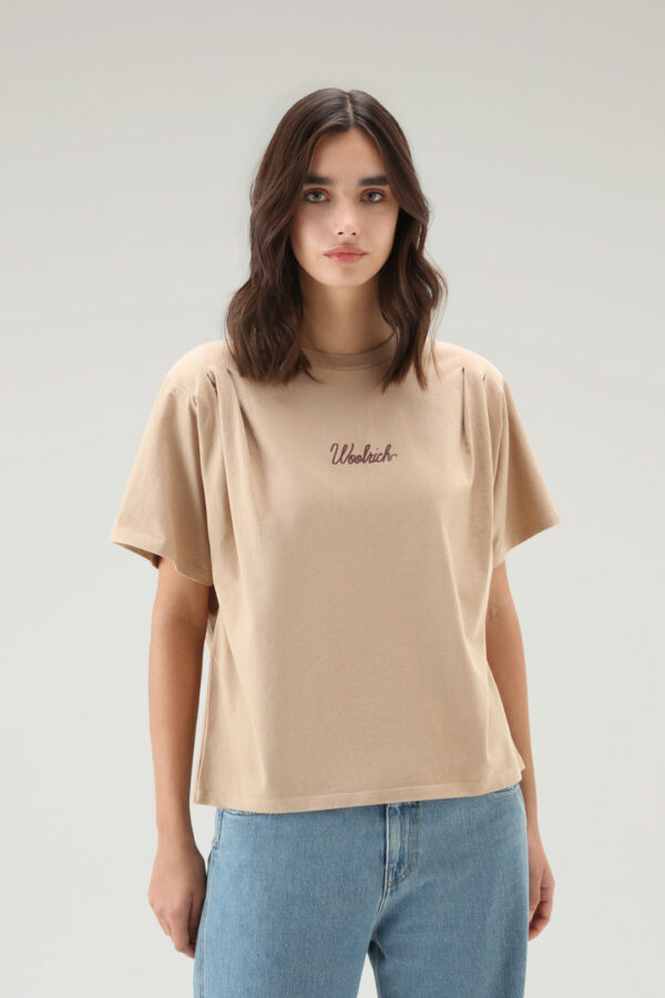 Woolrich Woman T-shirt in Pure Cotton with Pleated Shoulders Beige Size M