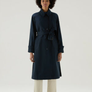 Woolrich Woman Trench Coat in Urban Touch Fabric with Belted Waist Blue Size XL