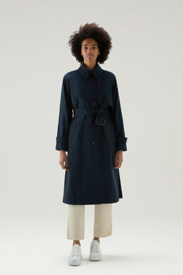 Woolrich Woman Trench Coat in Urban Touch Fabric with Belted Waist Blue Size XL