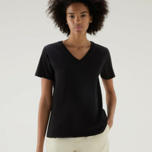 Woolrich Woman V-neck T-shirt in Pure Cotton Black Size S