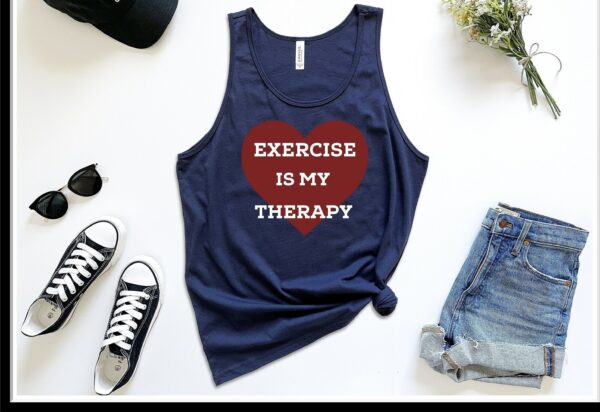 Work Out Tank Top, Exercise Is My Therapy Graphic T Shirt, Fitness Tops, Muscle Workout Tanks, Custom Tops