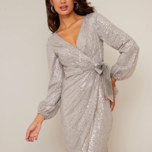 Wrap Design Sequin Party Dress in Silver - 6