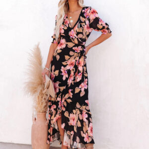 Wrap Dress Floral Ruffles Belted Asymmetrical Vacation Casual Long Dress