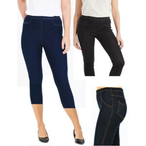 (XXL - 16, Blue) Denim look lagging ladies wear smart comfortable sliming skinny Capri Jeggings