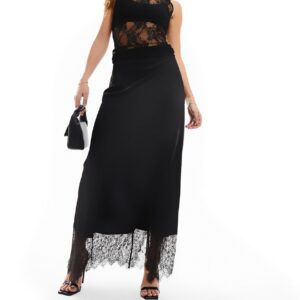 Y. A.S satin lace trim maxi skirt with side slit in black