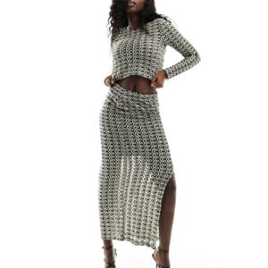 Y. A.S slit front maxi skirt co-ord in black & white wavy stripe-Multi