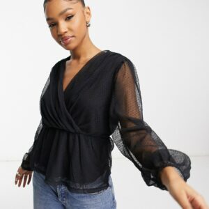 Y. A.S. Quinn polka dot mesh wrap top in black