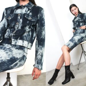 Y2K 00S Bleached Denim Suit Set Skirt Jacket