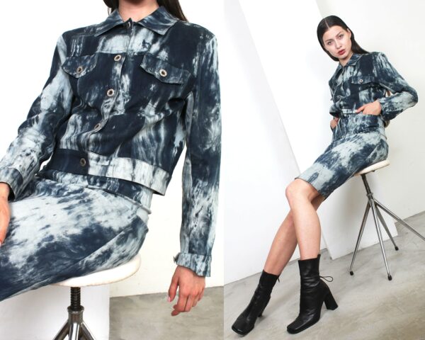 Y2K 00S Bleached Denim Suit Set Skirt Jacket