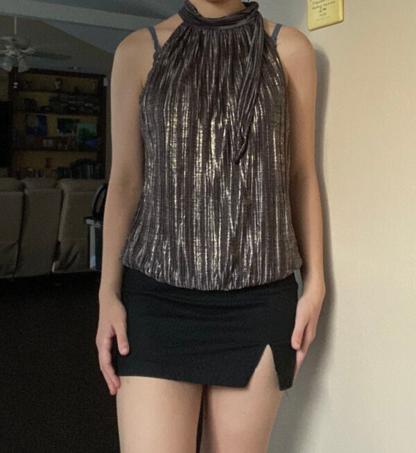 Y2K Gold-Brown High Neck Pleated Top