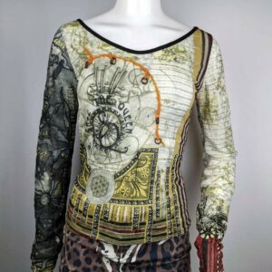 Y2K Vintage Mesh Abstract Top Save The Queen. Gaultier Style Tattoo Blouse