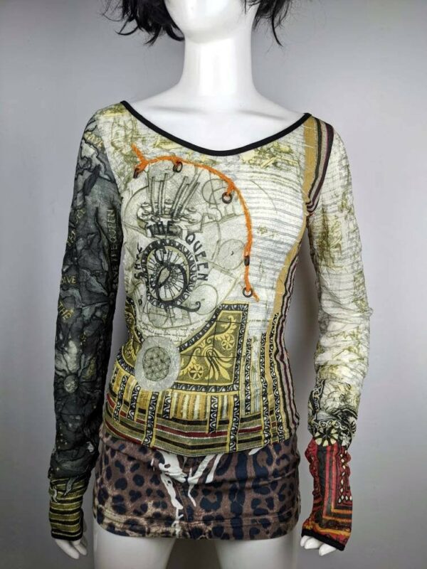 Y2K Vintage Mesh Abstract Top Save The Queen. Gaultier Style Tattoo Blouse