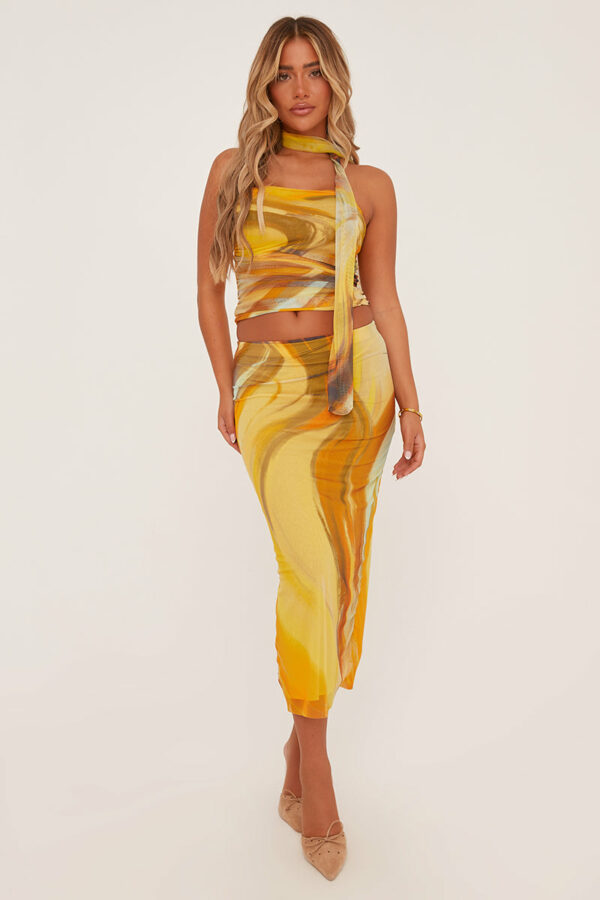 Yellow Abstract Print Bandeau Crop Top & Midi Skirt Co-ord Set - Savannah - Size M/L