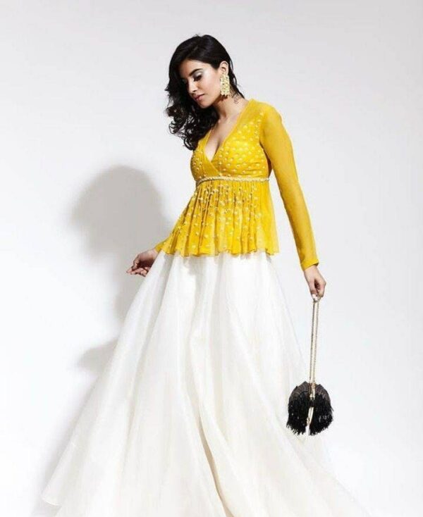 Yellow Embroided Peplum Top With Organza Flared Skirt Party Wear Indo Western Dress Mehendi Haldi Sangeet Ceremony Outfit