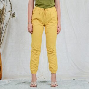 Yellow Linen Pants Mid Waist Trousers Summer Joggers Tapered Leg Elastic M/L