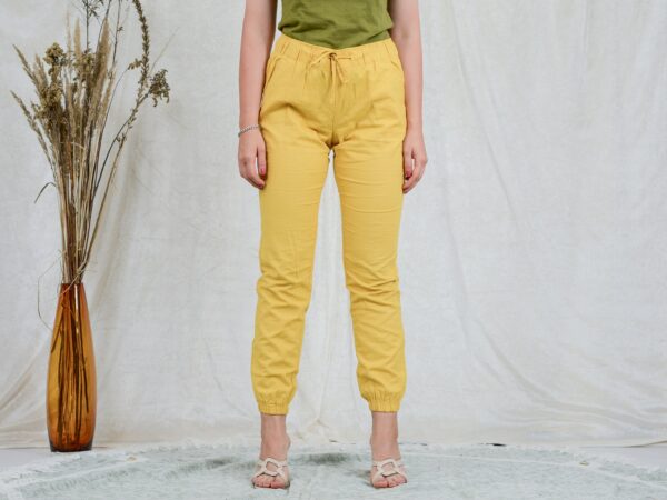 Yellow Linen Pants Mid Waist Trousers Summer Joggers Tapered Leg Elastic M/L