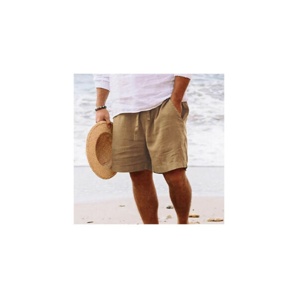 (Yellow, M) Mens Cotton Linen Shorts Summer Beach Hawaiian Drawstring Waist Short Pants