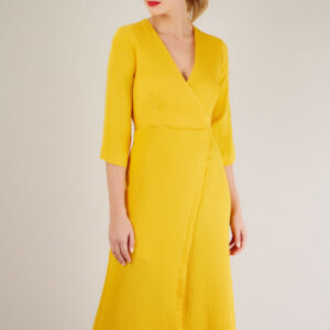 Yellow Wrap Dress with 3/4 Sleeve